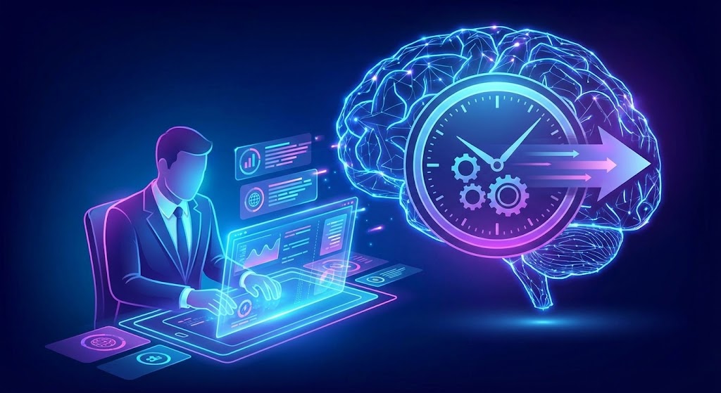businessman working at a holographic interface backed by a large glowing neural network brain
