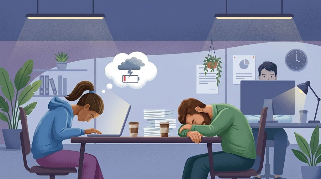 workplace burnout with an exhausted woman resting her head on a laptop next to a low battery thought bubble