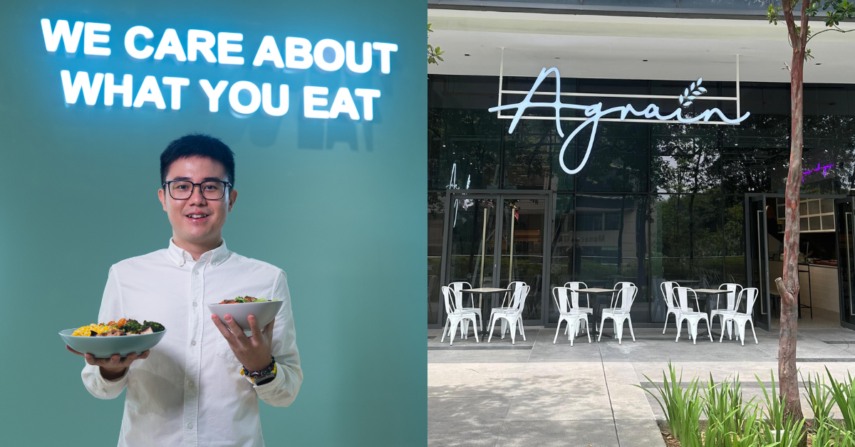 Chuah Kee Wei holding healthy food bowls beside a modern restaurant storefront