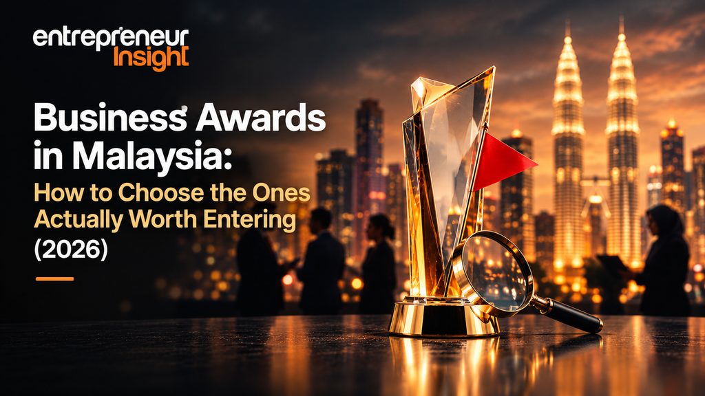 Business awards in Malaysia featuring a golden trophy and magnifying glass against the Kuala Lumpur skyline, with the title “Business Awards in Malaysia: How to Choose the Ones Actually Worth Entering (2026)